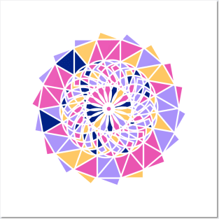 Digital geometric mandala with repeated shapes in random bright neon colors Posters and Art